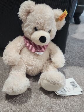 Steiff Plush Teddy Bear with Red Striped Bandana